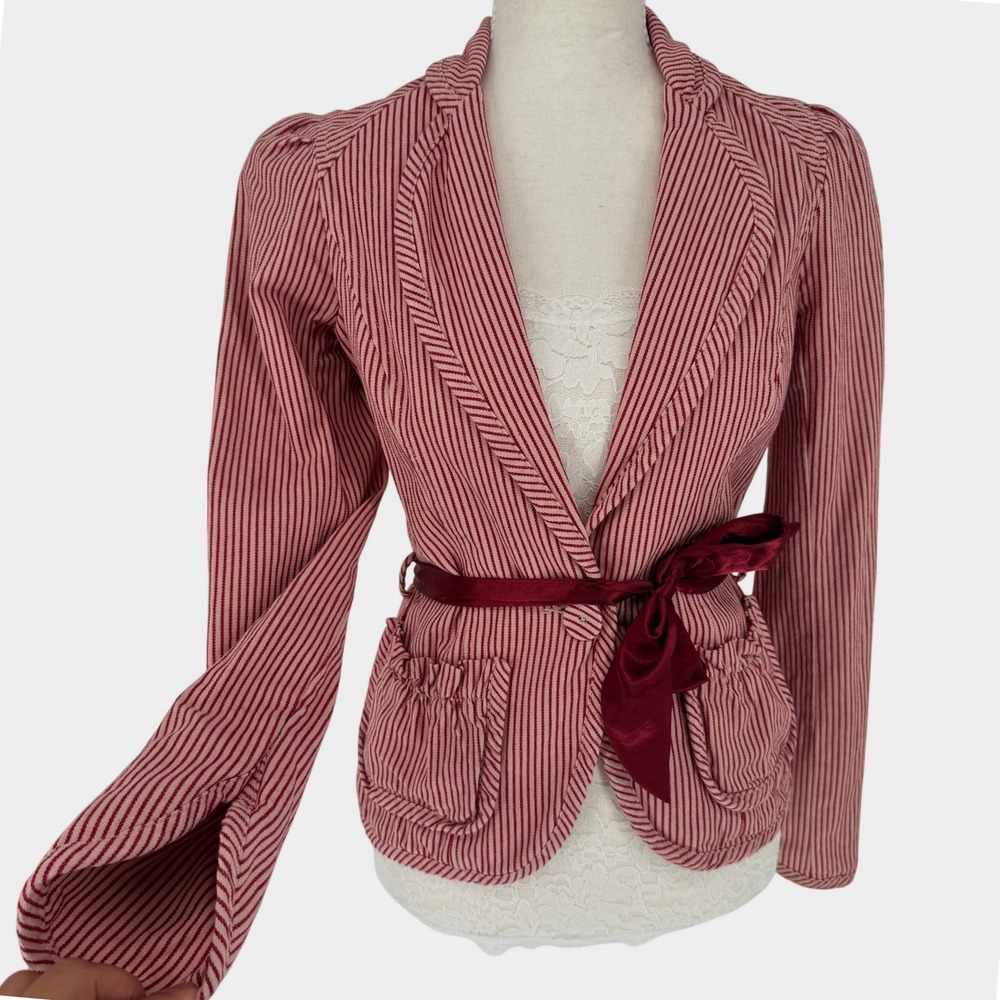 Vintage Y2K Free People Striped Blazer 2 Satin Bow Belt Coquette Romantic Preppy - Picture 2 of 13